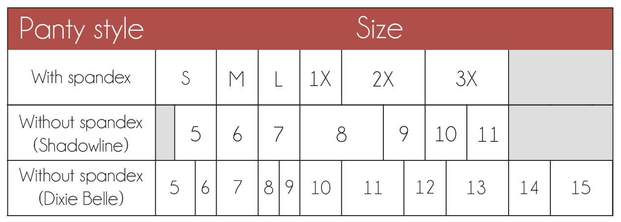 Shadowline Lingerie Sizes and Measurements