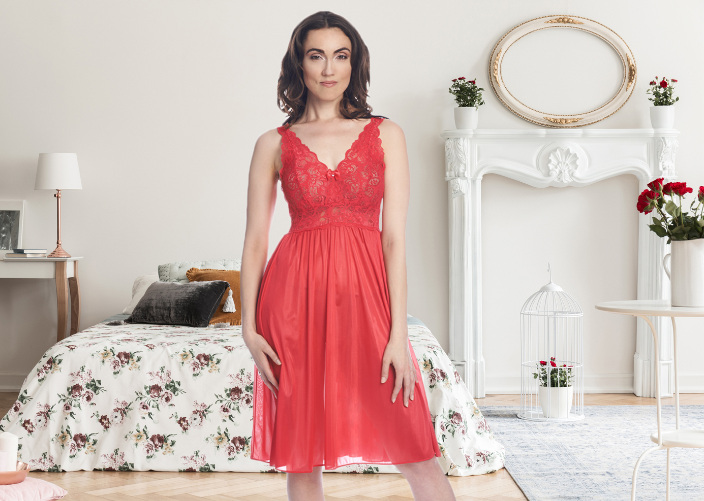 Shadowline Silhouette collection - sheer red nylon and lace nightdress