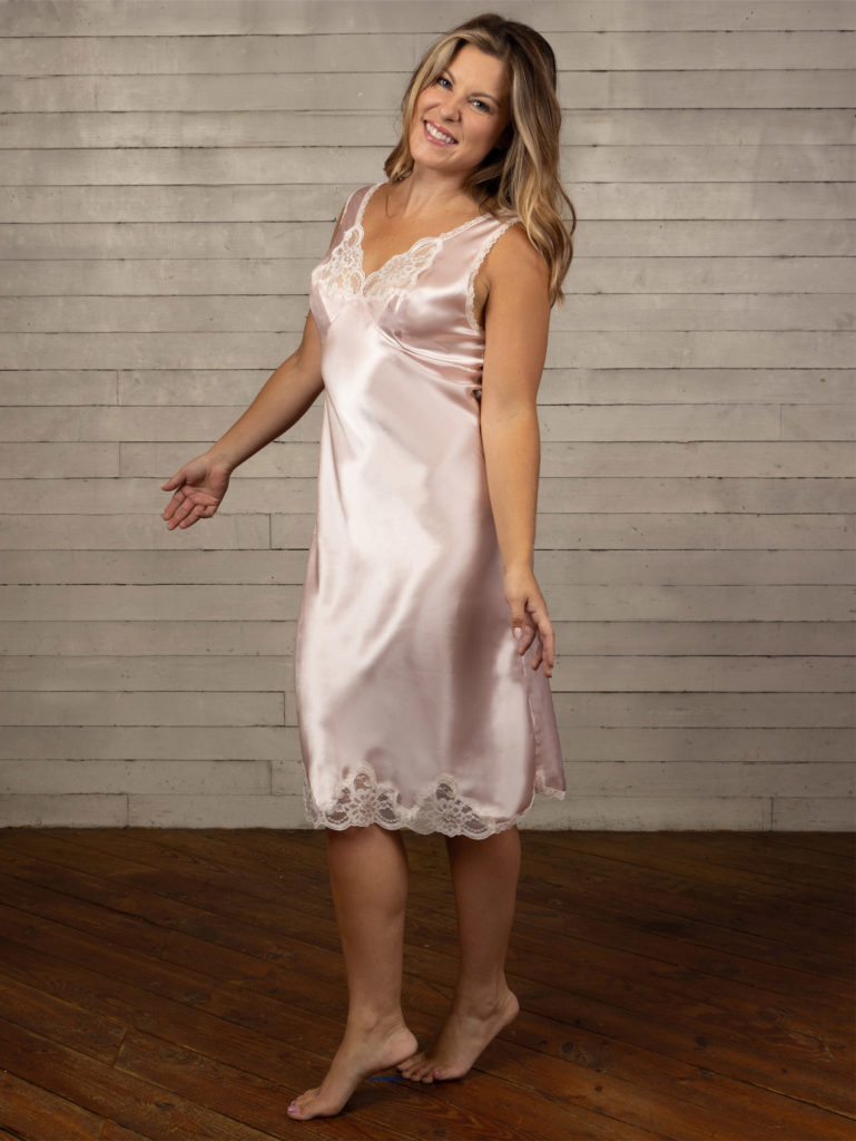 Shadowline Lingerie Rochelle Satin blush pink slip dress with lace